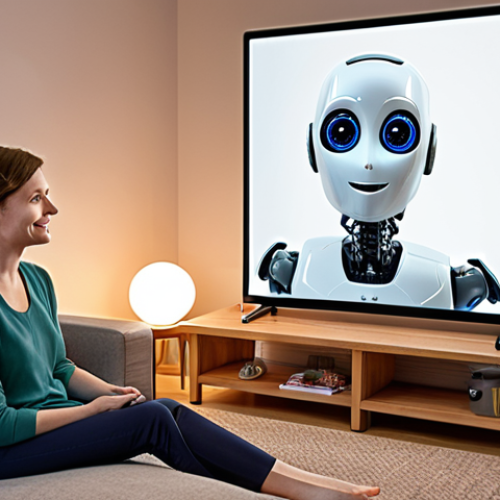 Home 4 **
A friendly-looking therapy robot with a screen displaying an empathetic expression. The robot is in a cozy, well-lit living room, with a person sitting comfortably nearby, seemingly engaged in a conversation. The overall atmosphere should be warm and inviting, emphasizing the potential for AI in mental wellness. Include subtle Dutch design elements in the room.
**