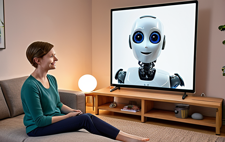 **
A friendly-looking therapy robot with a screen displaying an empathetic expression. The robot is in a cozy, well-lit living room, with a person sitting comfortably nearby, seemingly engaged in a conversation. The overall atmosphere should be warm and inviting, emphasizing the potential for AI in mental wellness. Include subtle Dutch design elements in the room.
**